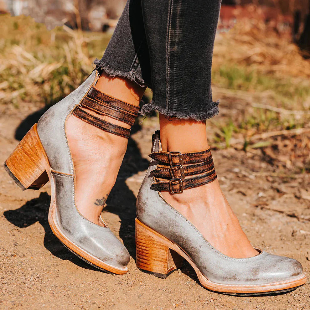 Women's Leather Court Shoes with Double Ankle Straps and Block Heel for All-Day Elegance and Comfort | Koossa