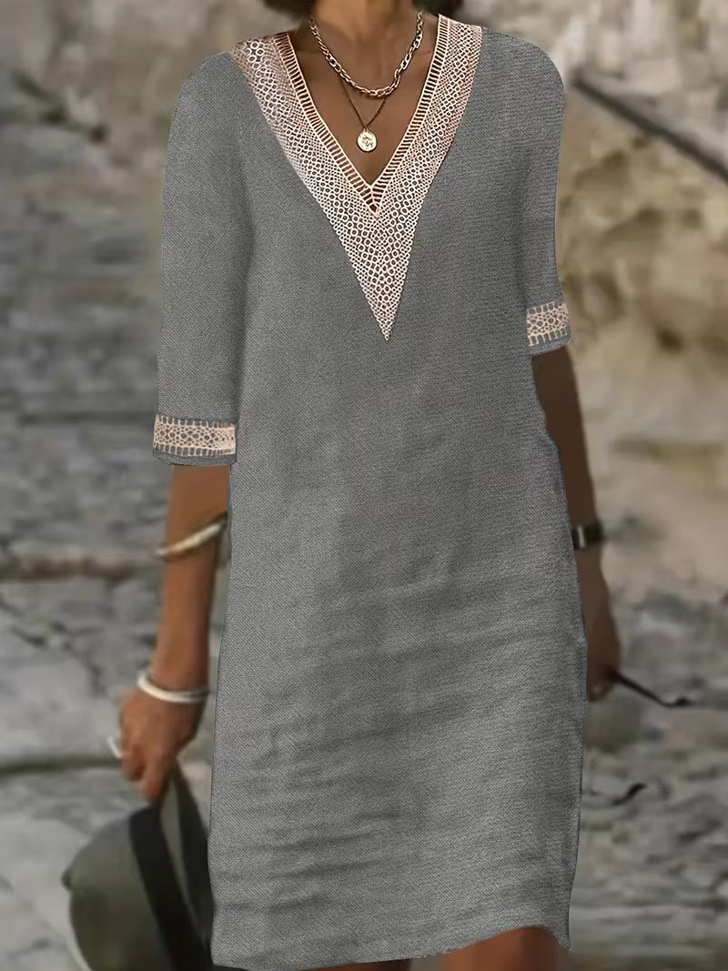 Women's V-Neck Mid Sleeve Dress in Lightweight Fabric for Effortless Everyday Elegance and Smart-Casual Occasions | Koossa