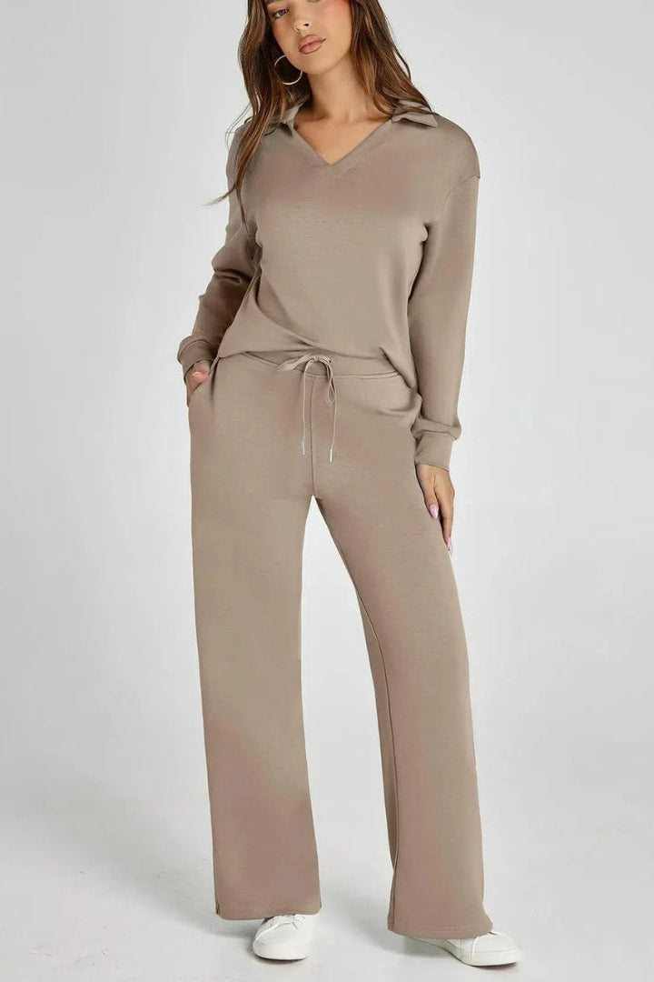 Women's Two-Piece Lounge Set V-Neck Collared Top Wide-Leg Trousers Drawstring Waist Relaxed Fit Comfortable Loungewear Casual Weekend Wear Timeless Minimalist Style | Koossa