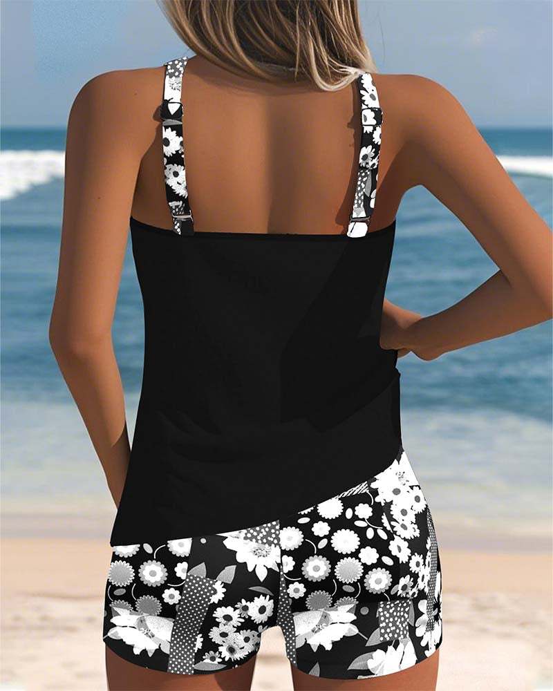 Women's Printed Tankini Set with Shorts in Purple, Black, Pink & Blue – Flattering Sporty Swimwear for Summer Holidays, Beach Walks & Poolside Lounging | Koossa