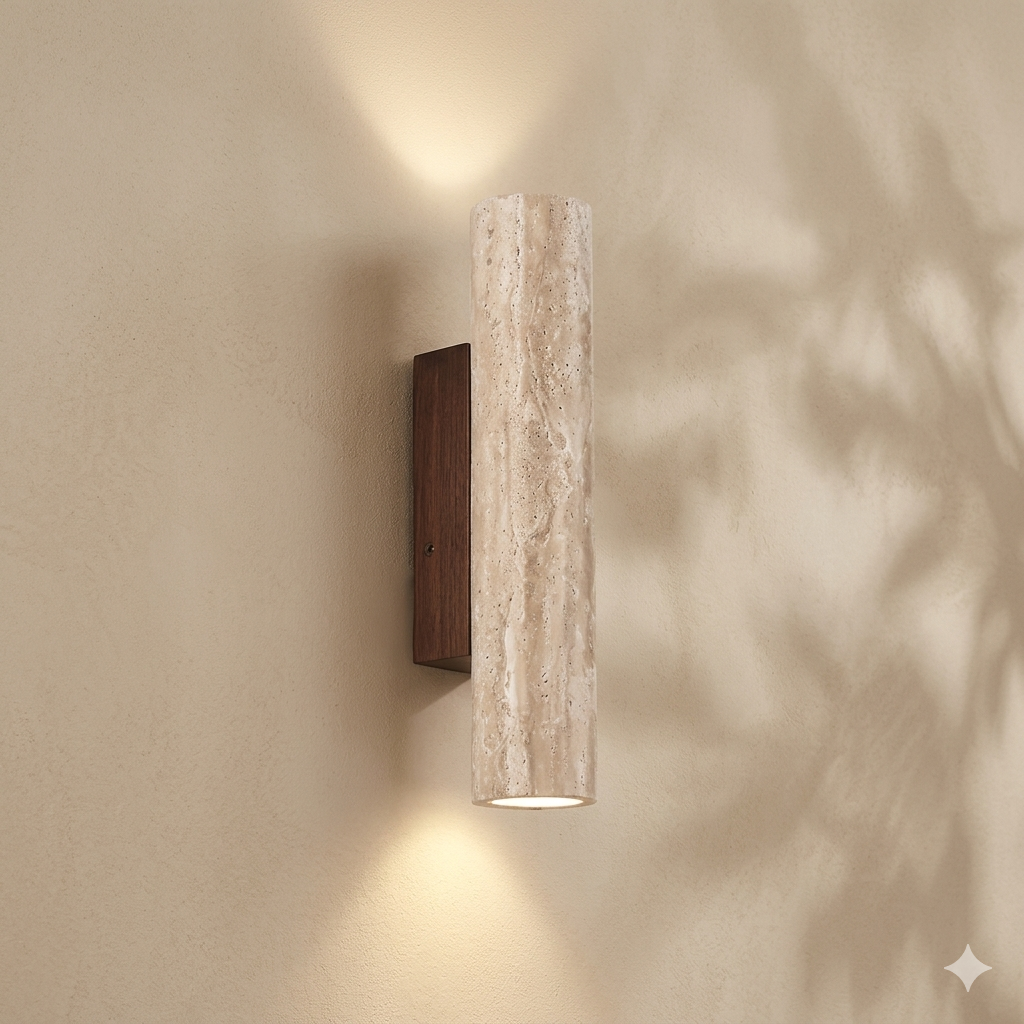 Applique murale en travertin naturel avec LED intégrée pour une ambiance chaleureuse et contemporaine élégante | Koossa