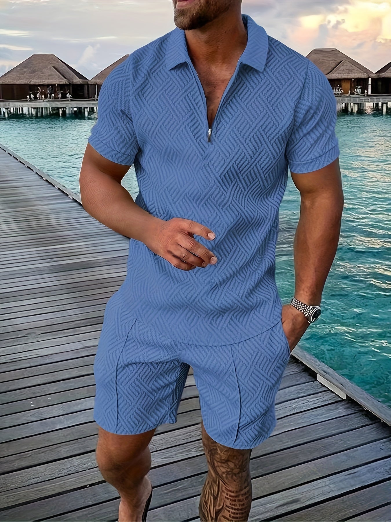 Men's Geometric Short-Sleeve Shirt and Shorts Co-Ord Set in Cotton Blend with Zip Collar for Smart Casual Summer Leisure | Koossa