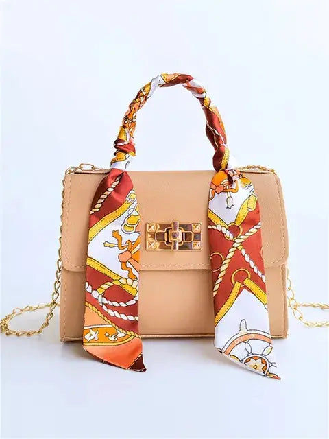 Structured Crossbody Bag with Scarf-Wrapped Handle in Premium Faux Leather — Twist-Lock Closure and Gold-Tone Hardware for Timeless Sophistication | Koossa