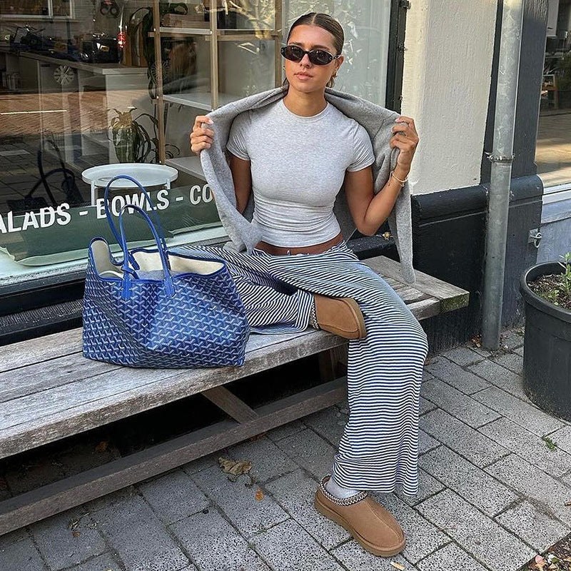 Women's Vertical Stripe Relaxed Trousers in Blue, Black, Red & Green – Lightweight Wide-Leg Spring Summer Casual Trousers for Everyday Elegance | Koossa