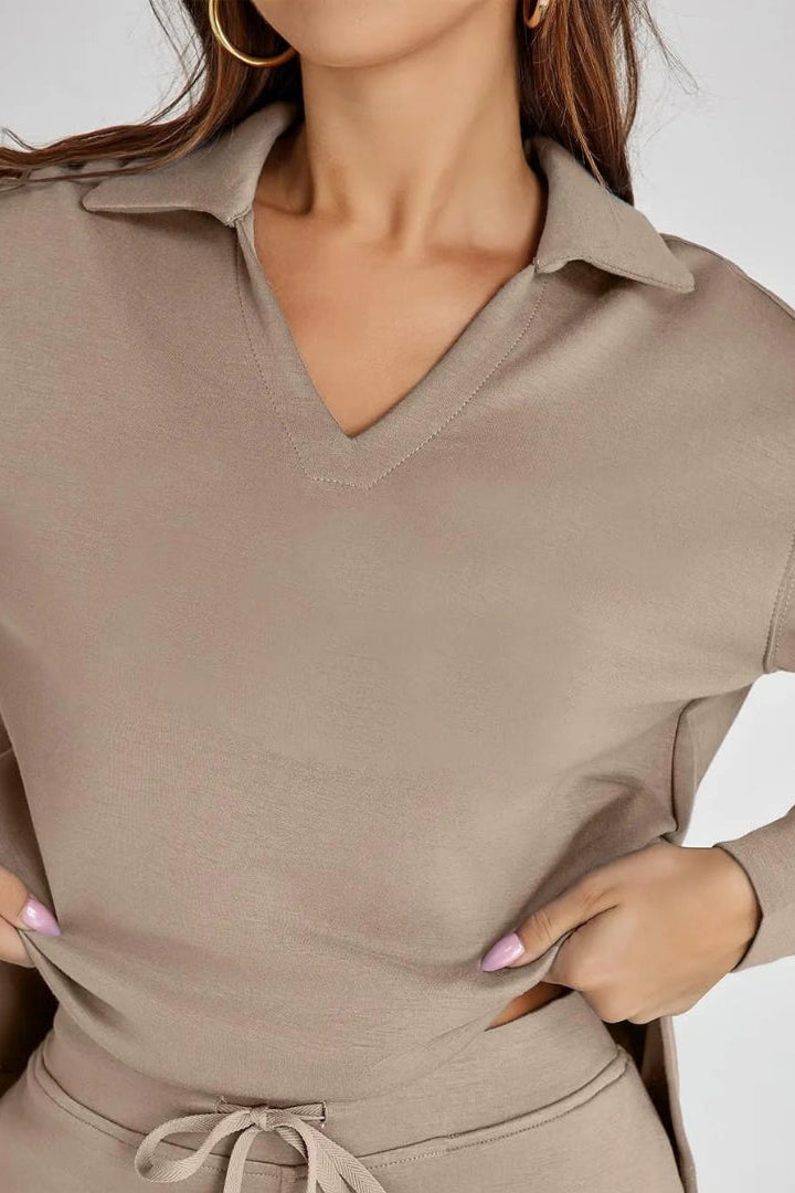 Women's Two-Piece Lounge Set V-Neck Collared Top Wide-Leg Trousers Drawstring Waist Relaxed Fit Comfortable Loungewear Casual Weekend Wear Timeless Minimalist Style | Koossa