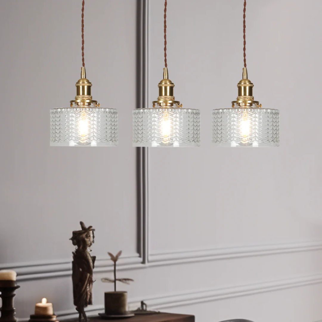 Adjustable Pendant Light with Ribbed Glass Shade, E27 Socket, Green Brass Finish for Kitchen Island, Dining Room & Breakfast Bar | Lonoma