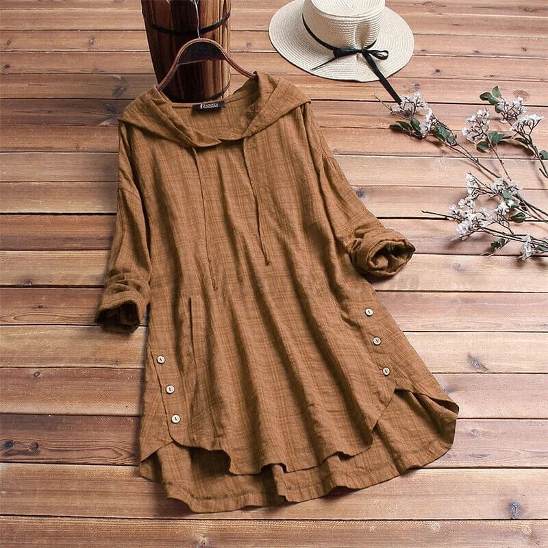 Women's Cotton Hooded Tunic with Button Detail – Relaxed Fit Lightweight Cover-Up for Casual Wear and Coastal Strolls | Koossa
