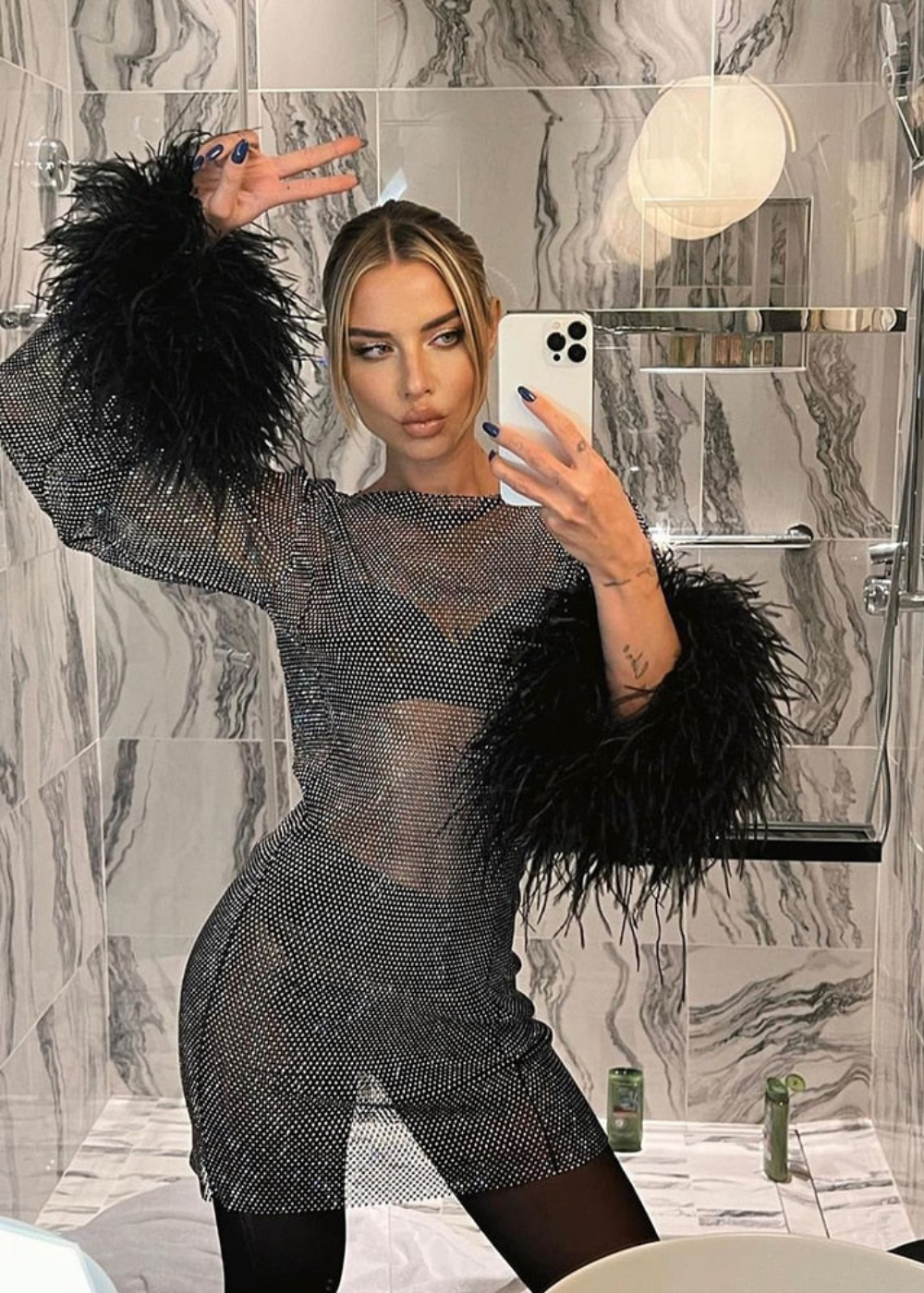 Women's Embellished Mini Dress with Sheer Sleeves and Feather Trim — Glamorous Evening Dress for Parties & Gala Events | Koossa