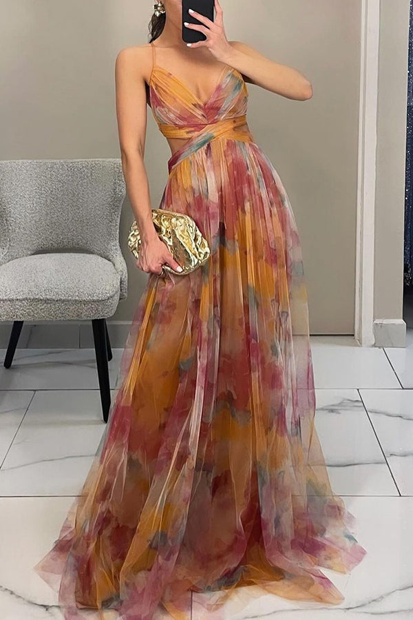 Watercolour Floral Maxi Dress with Pleated Skirt | Cross-Wrap Bodice | Adjustable Straps | Women's Full-Length Occasion Dress | Koossa