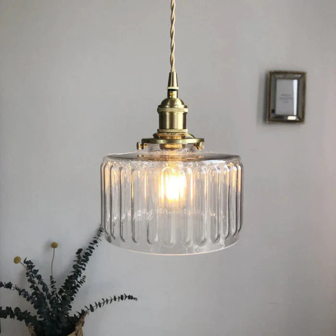 Adjustable Pendant Light with Ribbed Glass Shade, E27 Socket, Green Brass Finish for Kitchen Island, Dining Room & Breakfast Bar | Lonoma