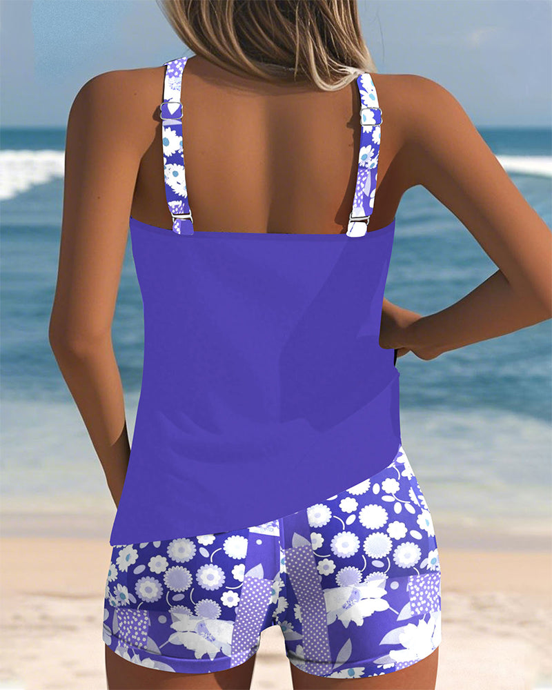 Women's Printed Tankini Set with Shorts in Purple, Black, Pink & Blue – Flattering Sporty Swimwear for Summer Holidays, Beach Walks & Poolside Lounging | Koossa