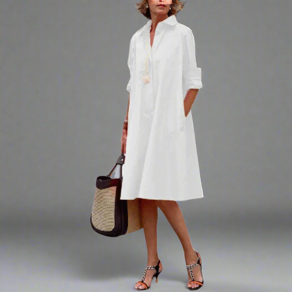 Women's Polo Collar Dress with Short Sleeves in Lightweight Cotton Blend for Spring Summer Garden Parties Casual Daywear Brunch Outings | Koossa