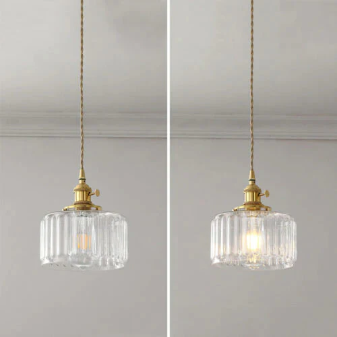 Adjustable Pendant Light with Ribbed Glass Shade, E27 Socket, Green Brass Finish for Kitchen Island, Dining Room & Breakfast Bar | Lonoma