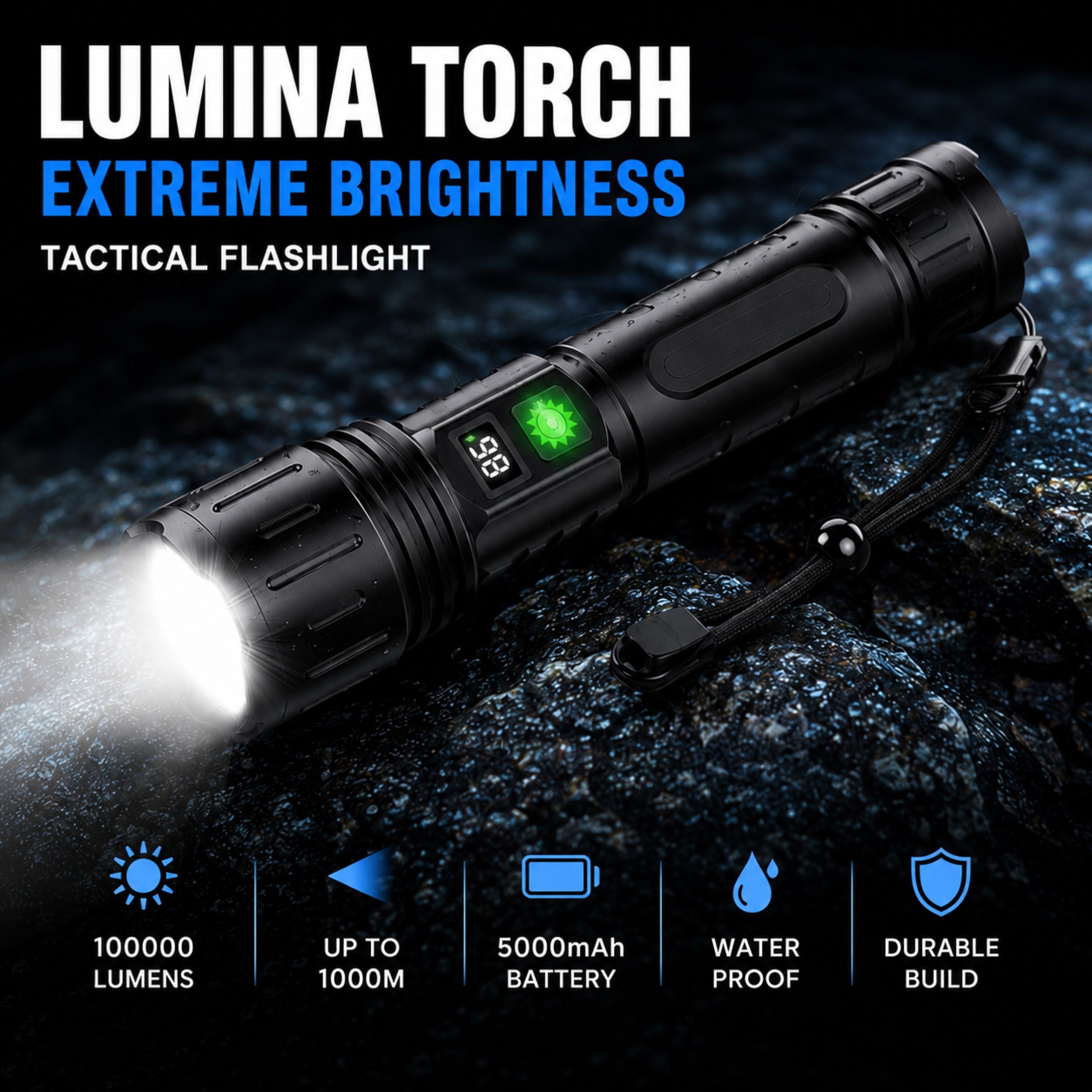 Lampe torche tactique rechargeable LED ultra-puissante étanche avec écran LCD fonction powerbank camping randonnée | Koossa