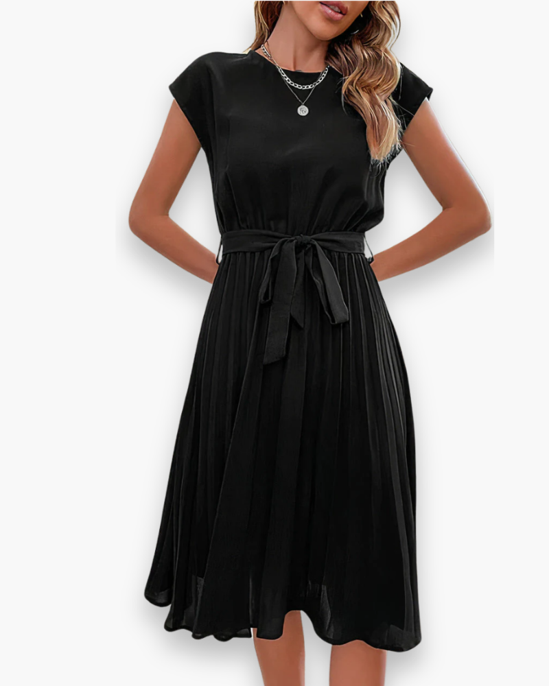 Women's Pleated Midi Dress with Bow Detail — Elegant Occasion Dress for Weddings & Special Events | Koossa