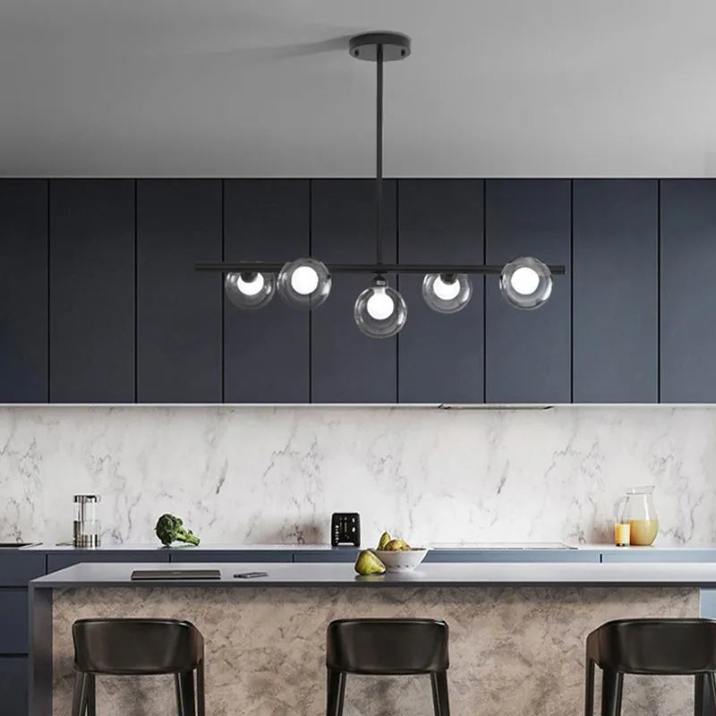 Hanging Island Chandelier Metal Frame Orb Glass Shades 5 or 6 Bulbs Black Gold for Dining Kitchen Living | Lonoma