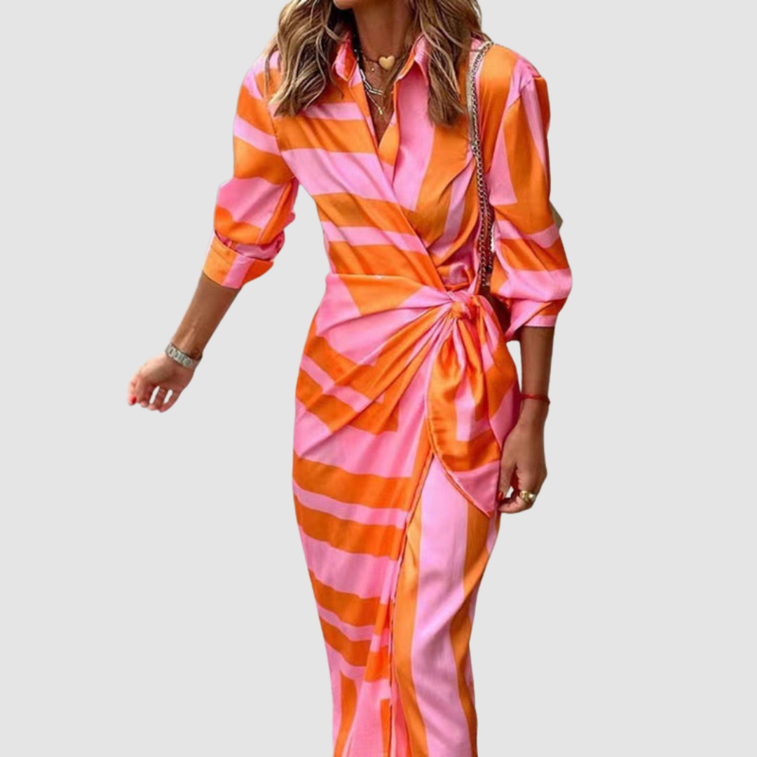Women's Vertical Stripe Midi Dress in Breathable Cotton Blend – Perfect for Office, Casual & Everyday Elegance | Koossa