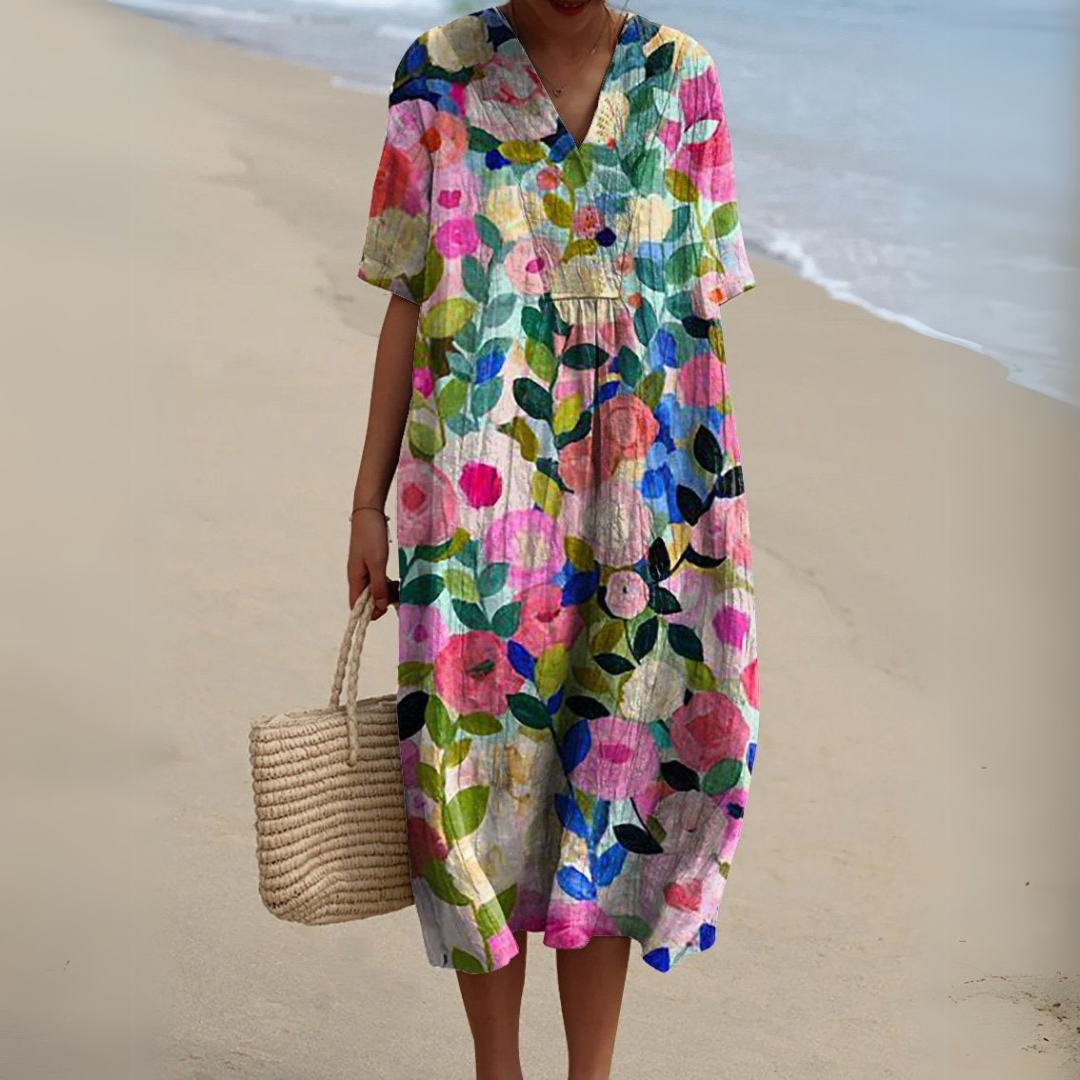 Floaty V-Neck Cotton Linen Dress in Vibrant Prints for Summer Occasions Garden Parties Warm Days | Koossa