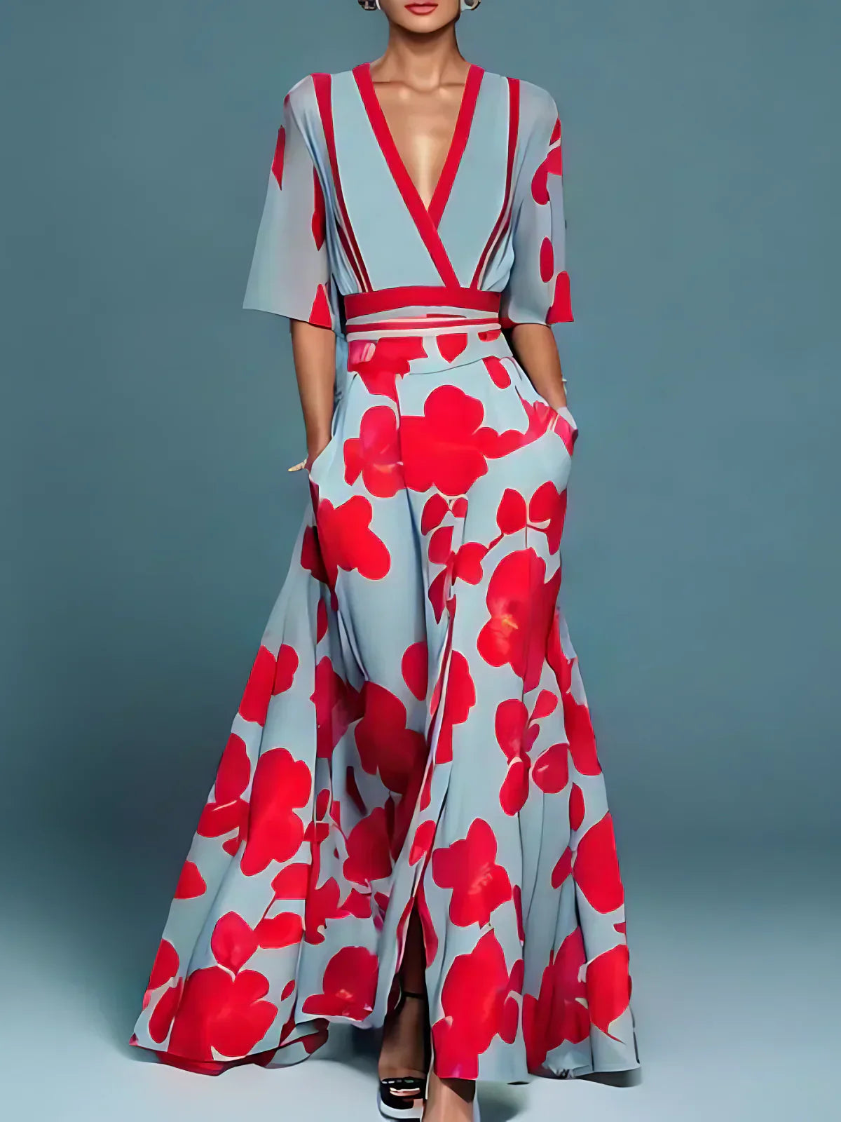 Women's Floral V-Neck Midi Dress in Soft Cotton Blend for Garden Parties, Luncheons, and Summer Gatherings | Koossa