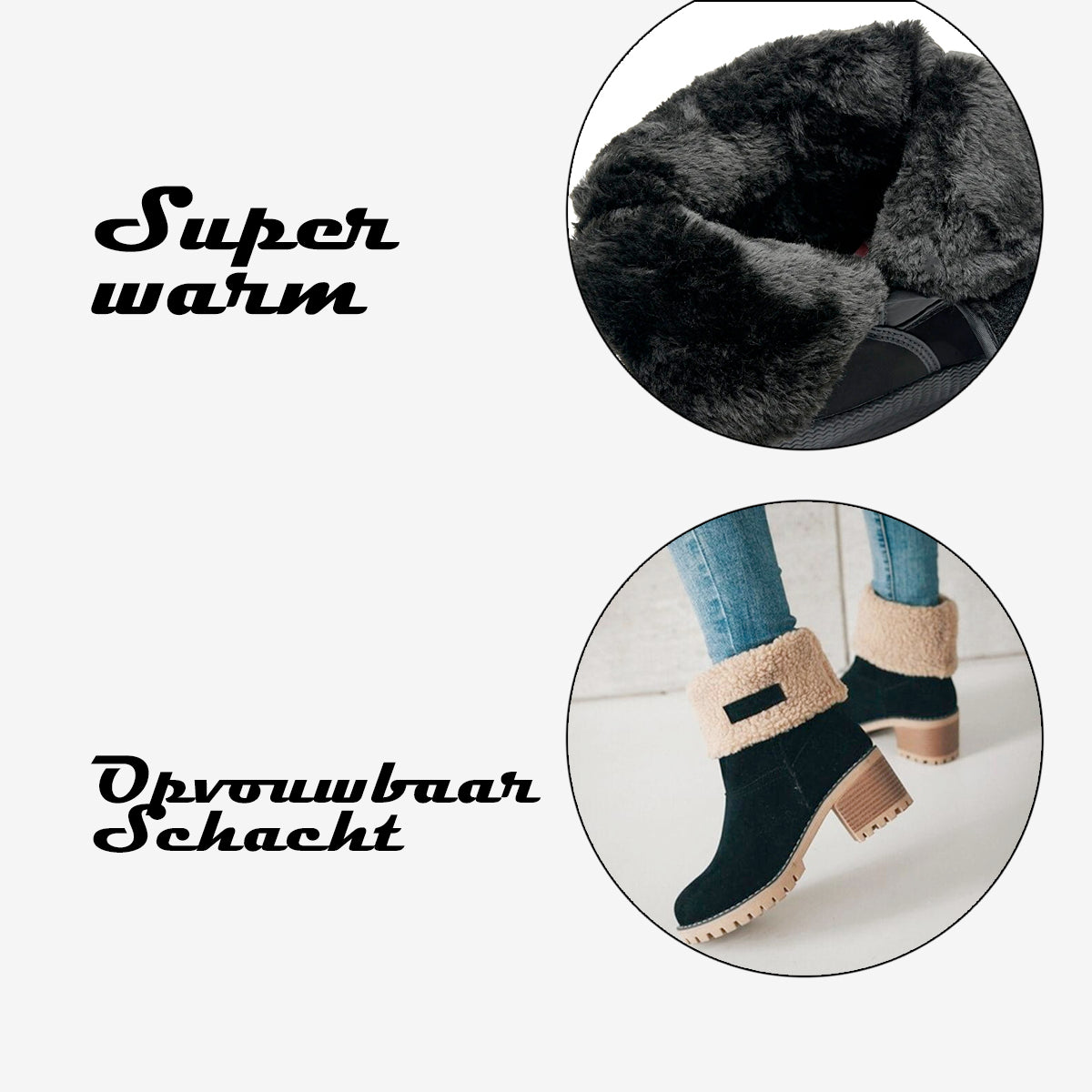 Women's Foldover Ankle Boots in Black, Brown & Grey for Autumn Days | Warm Block Heel Winter Footwear with Cushioned Lining | Koossa