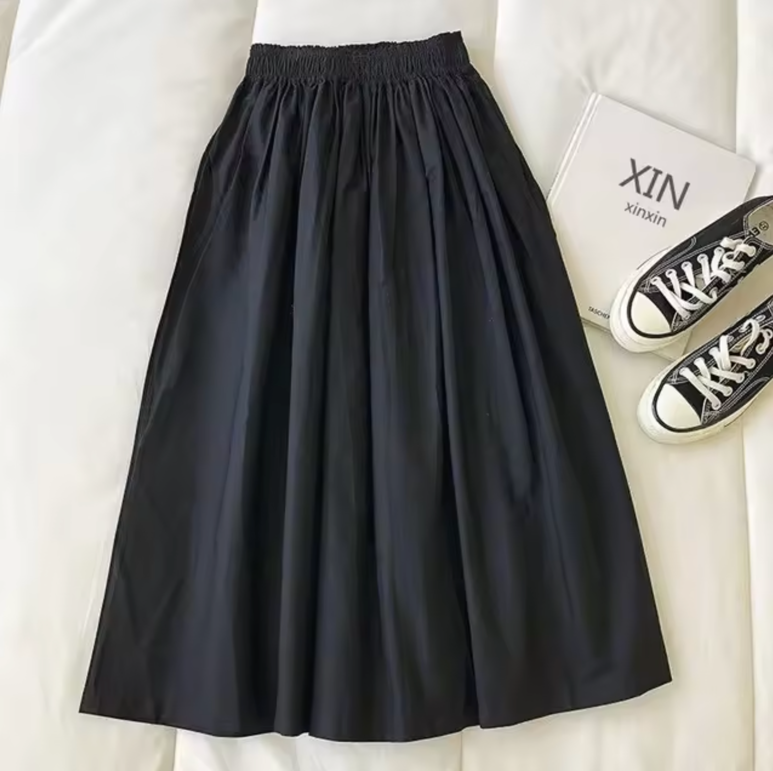 Women's High-Waisted Pleated Midi Skirt in Khaki, Black & Navy — Elegant A-Line Skirt for Work & Occasions | Koossa