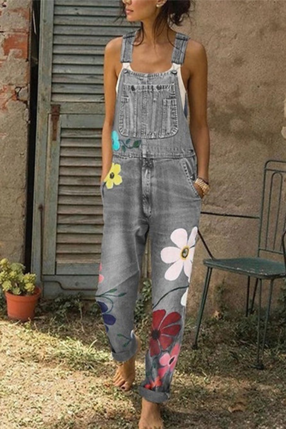 Women's Sleeveless Floral Embroidered Jumpsuit — Relaxed Fit Casual Summer Jumpsuit with Adjustable Straps | Koossa