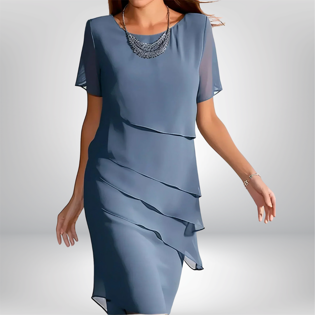 Women's Layered Chiffon Dress with Short Sleeves – Flowing Silhouette for Special Occasions and Daytime Elegance | Koossa
