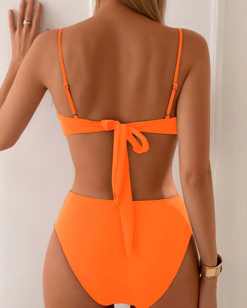 High-Waisted Pleated Two-Piece Bikini with Gold-Tone Hardware in Navy Blue, Orange and Brown for Elegant Beach Holidays, Poolside Lounging and Summer Coastal Getaways | Koossa