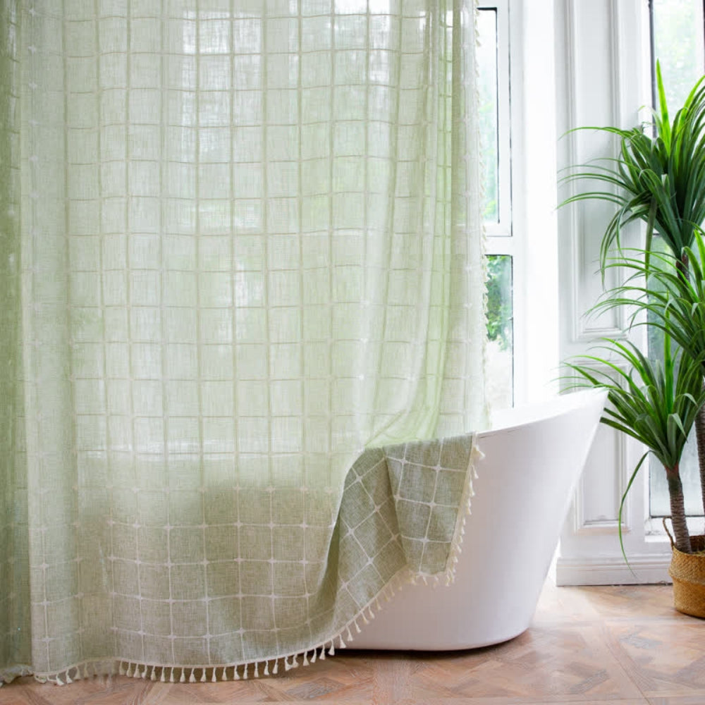 Rideau de Douche Carreaux Coton Lin à Franges Hydrofuge Lavable Machine Cabine Standard XXL Salle de Bains | Koossa