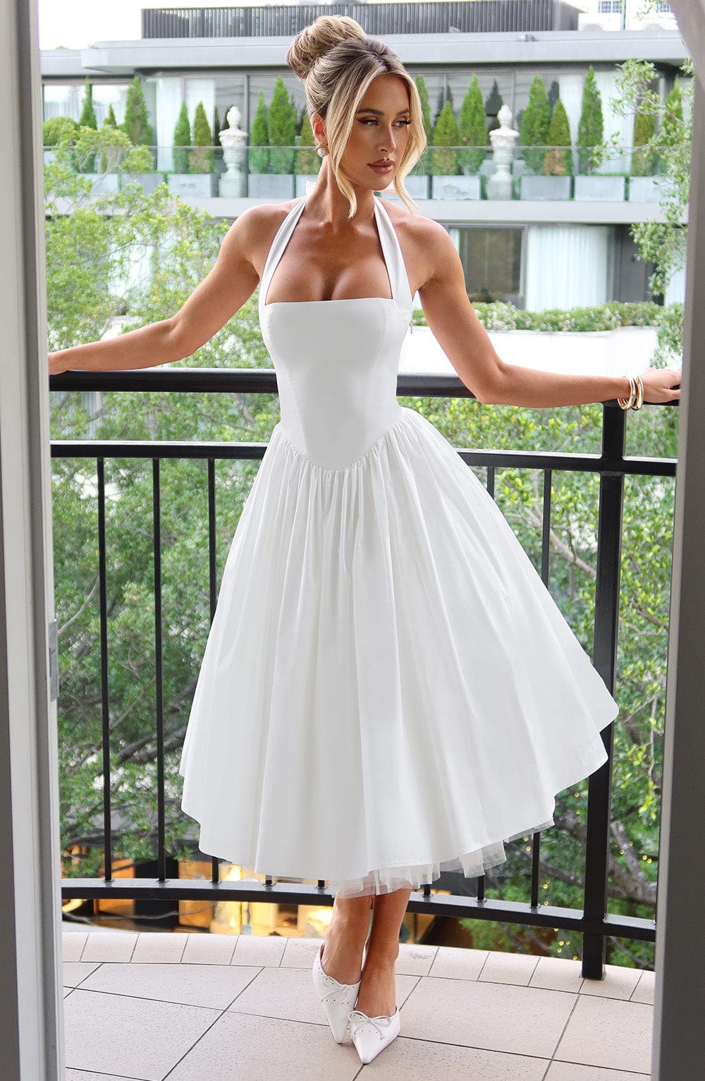 Women's Halter Neck Midi Dress in White and Black – Wedding Guest and Summer Garden Party Occasion Dress | Koossa