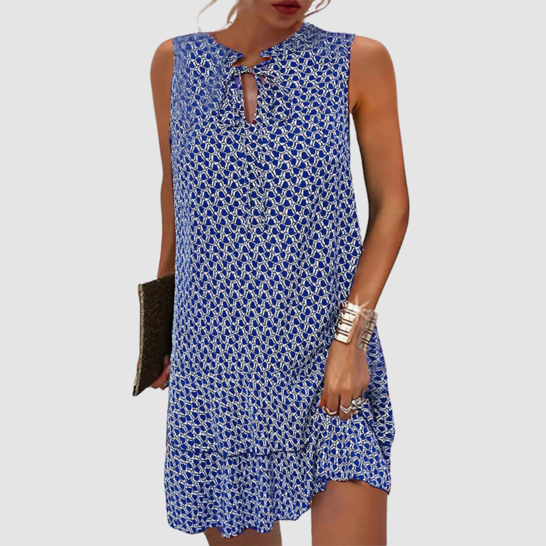 Women's Sleeveless V-Neck Dress with Pockets in Blue and Red – Relaxed Fit Cotton Dress for Everyday Elegance | Koossa