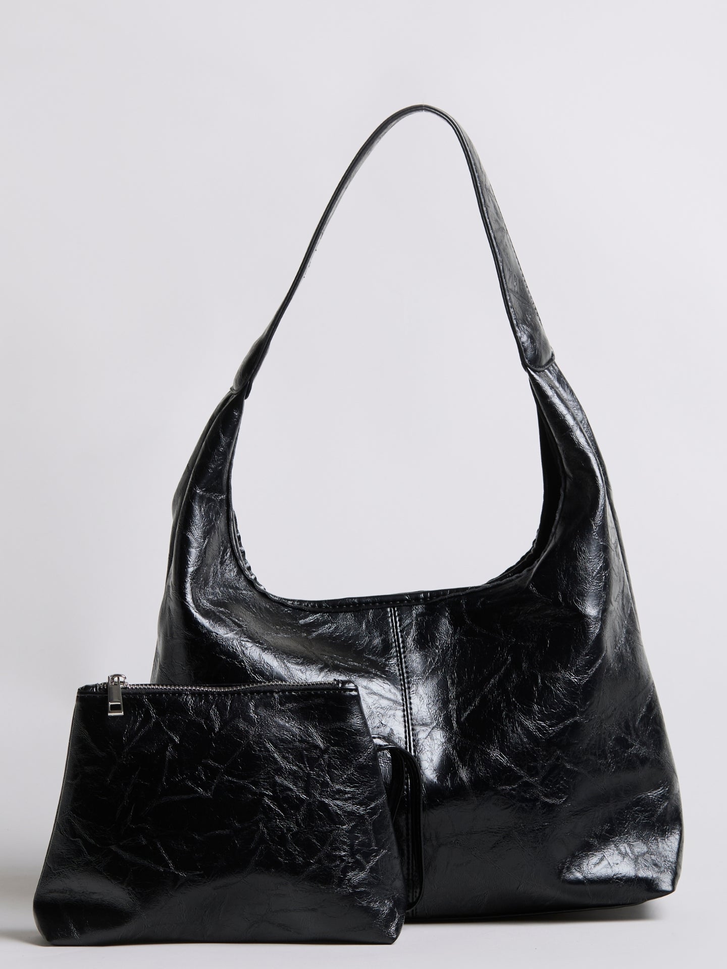 Soft Leather-Effect Tote Bag in Black with Matching Pouch | Spacious Everyday Shoulder Bag with Compartments | Koossa