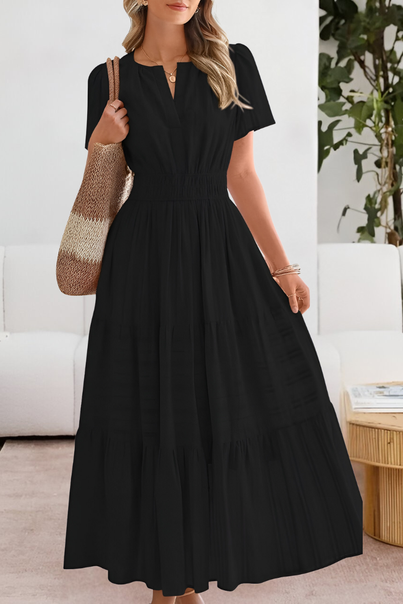 Women's Smocked Waist Midi Dress with Short Sleeves in Lightweight Cotton for Garden Parties and Summer Outings | Koossa