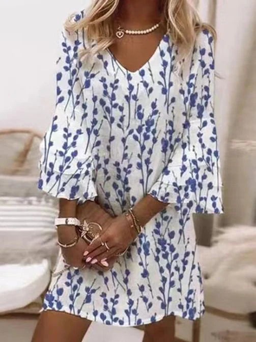 Flare-Sleeve Mini Dress with Marbled Print and V-Neckline – Relaxed Fit Floaty Dress for Daytime Occasions | Koossa