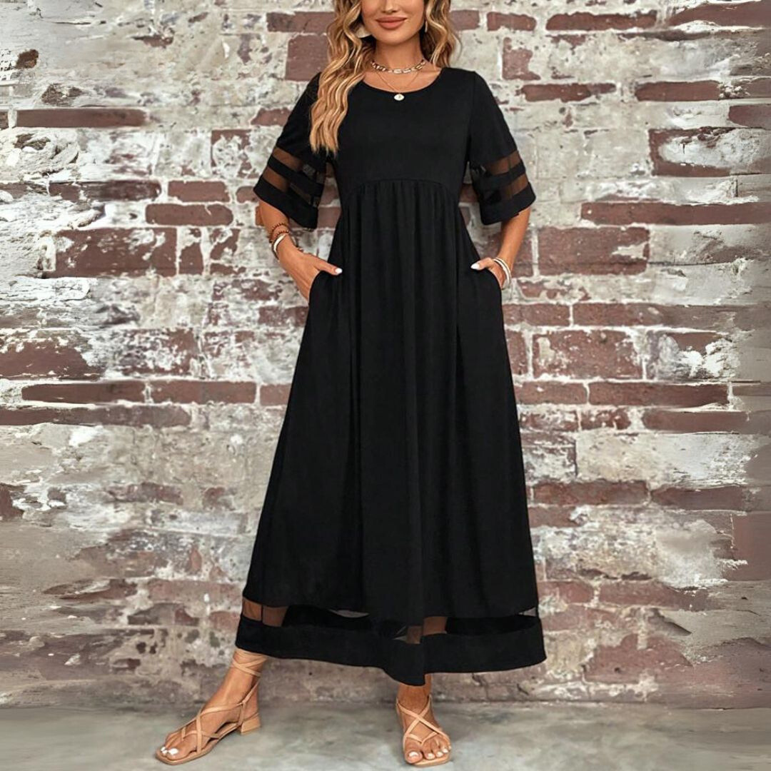 Women's Sheer Sleeve Flowing Maxi Dress in Black, Red & Green | Relaxed Fit A-Line Floor-Length Gown for Special Occasions, Garden Parties & Summer Evenings | Koossa