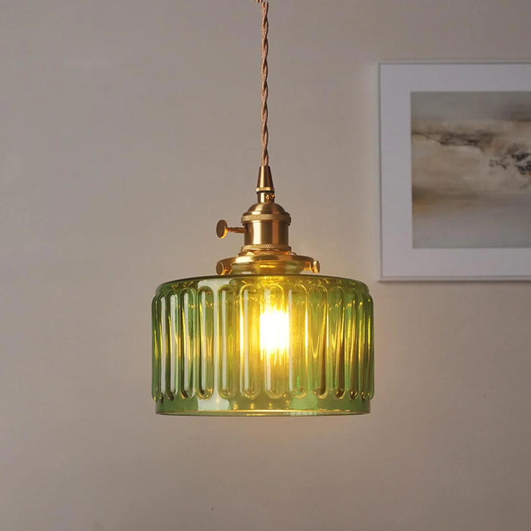 Adjustable Pendant Light with Ribbed Glass Shade, E27 Socket, Green Brass Finish for Kitchen Island, Dining Room & Breakfast Bar | Lonoma