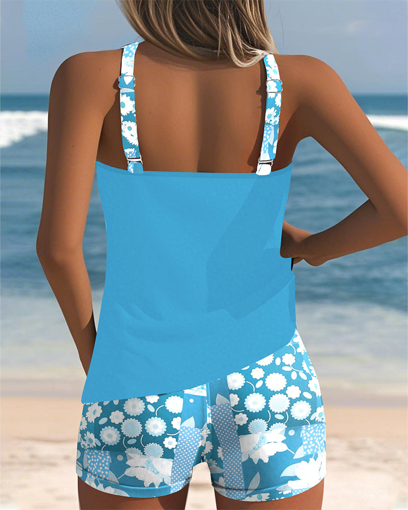 Women's Printed Tankini Set with Shorts in Purple, Black, Pink & Blue – Flattering Sporty Swimwear for Summer Holidays, Beach Walks & Poolside Lounging | Koossa