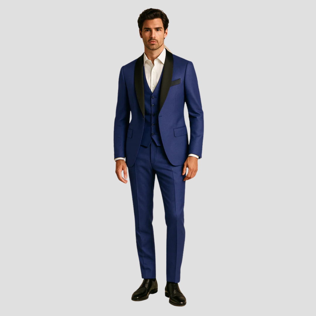 Three-Piece Formal Suit Tailored Fit Single-Button Jacket Waistcoat Contrast Lapels Evening Wedding Occasion Menswear | Koossa