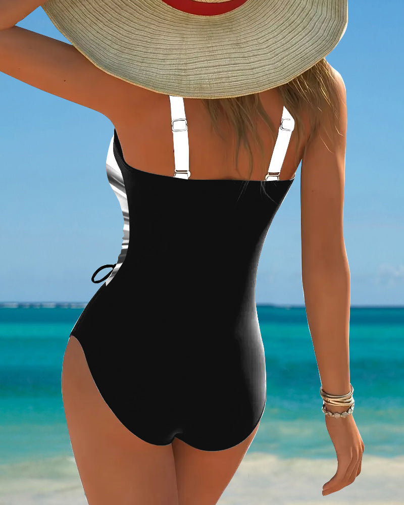 Women's Colour Block One-Piece Swimsuit with Lace-Up Detail — Elegant Swimwear for Holiday & Beach | Koossa