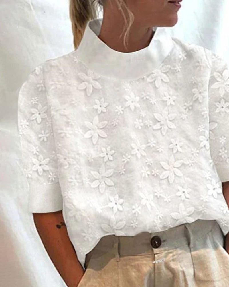 Women's White Embroidered Stand Collar Blouse — Elegant Long Sleeve Top for Formal Occasions & Smart Casual Styling | Koossa