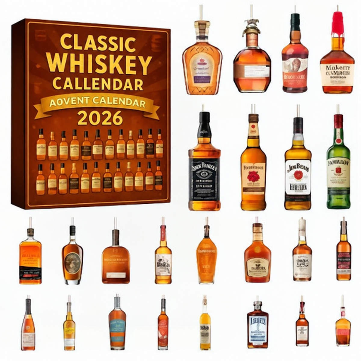 Holiday Countdown Display Set with 24 Decorative Miniature Ornaments — Classic Whiskey-Inspired Advent Calendar for Christmas Decor & | Lonoma
