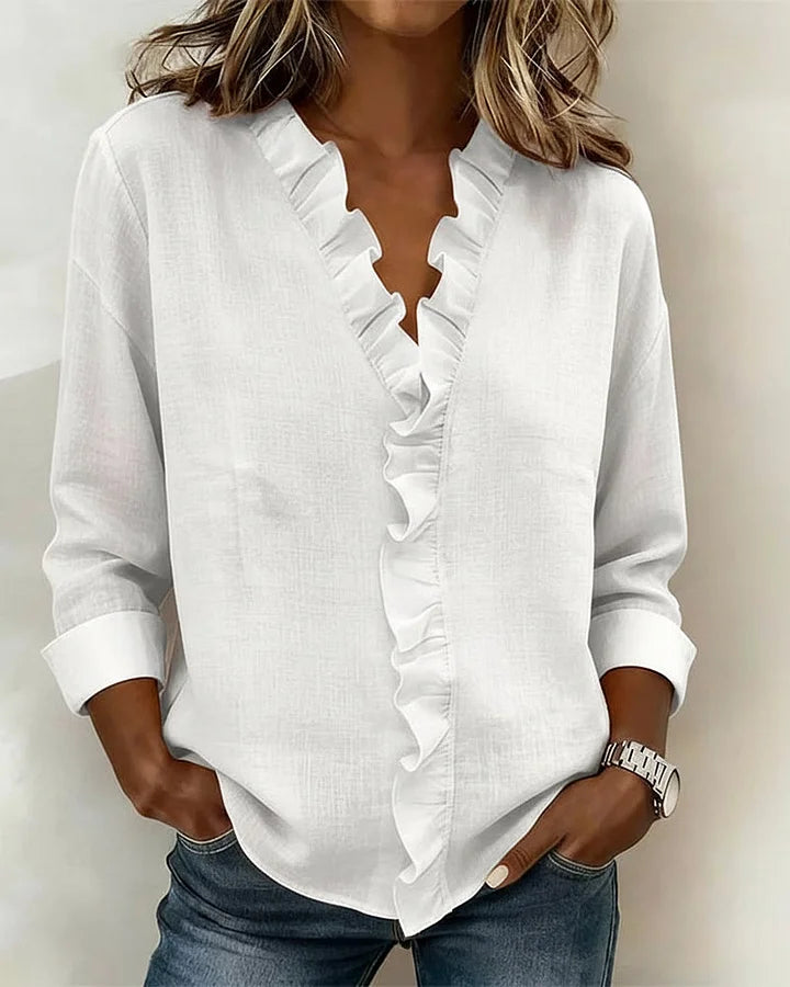 Women's Ruffle-Trim V-Neck Blouse in Soft Flowing Fabric – Elegant Long-Sleeve Top for Effortless Day-to-Evening Style | Koossa