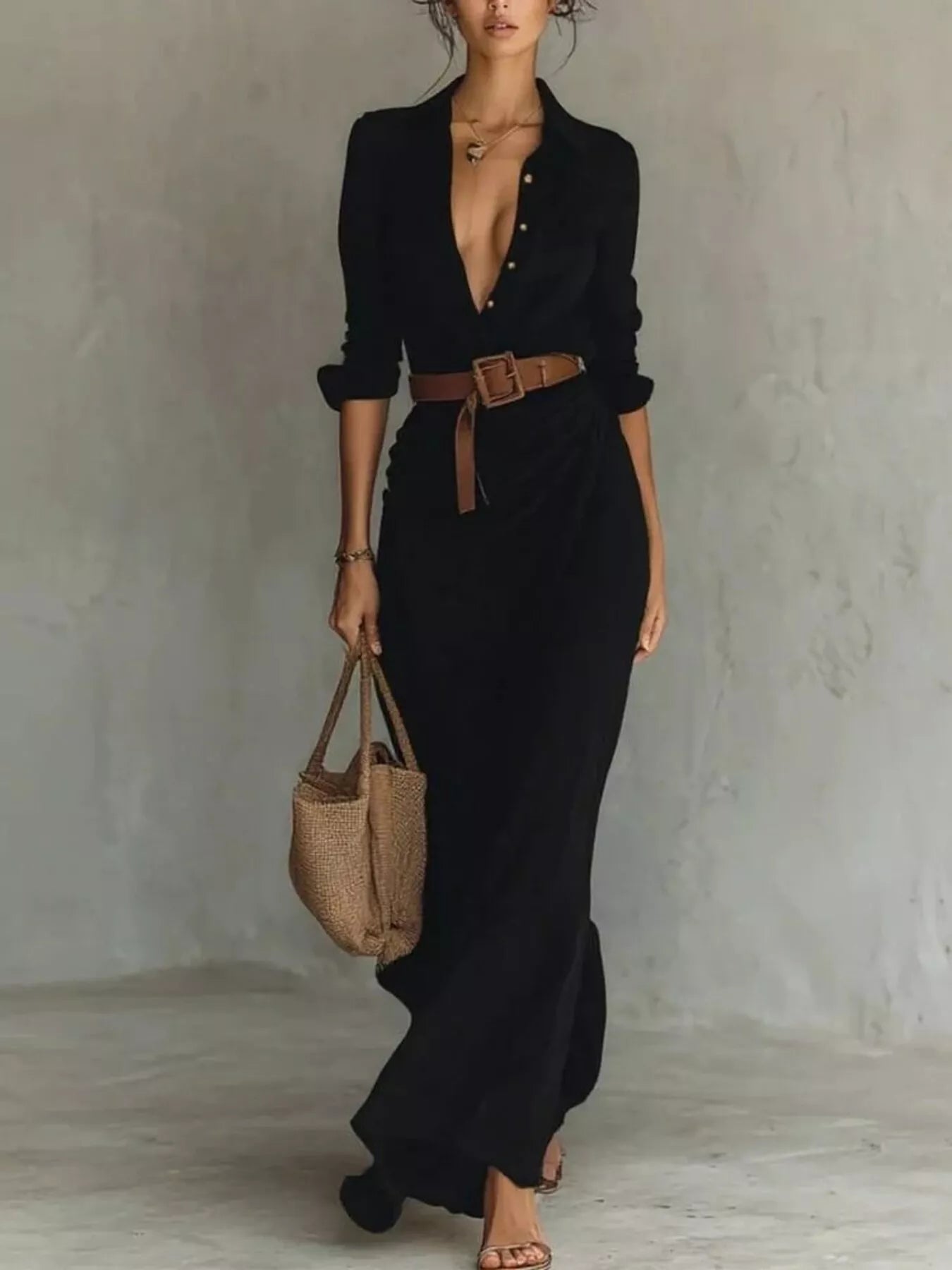 Women's Belted Maxi Dress with Long Sleeves in Khaki, Black, White & Navy Blue – Elegant Flowing Full-Length Dress for Day and Evening | Koossa