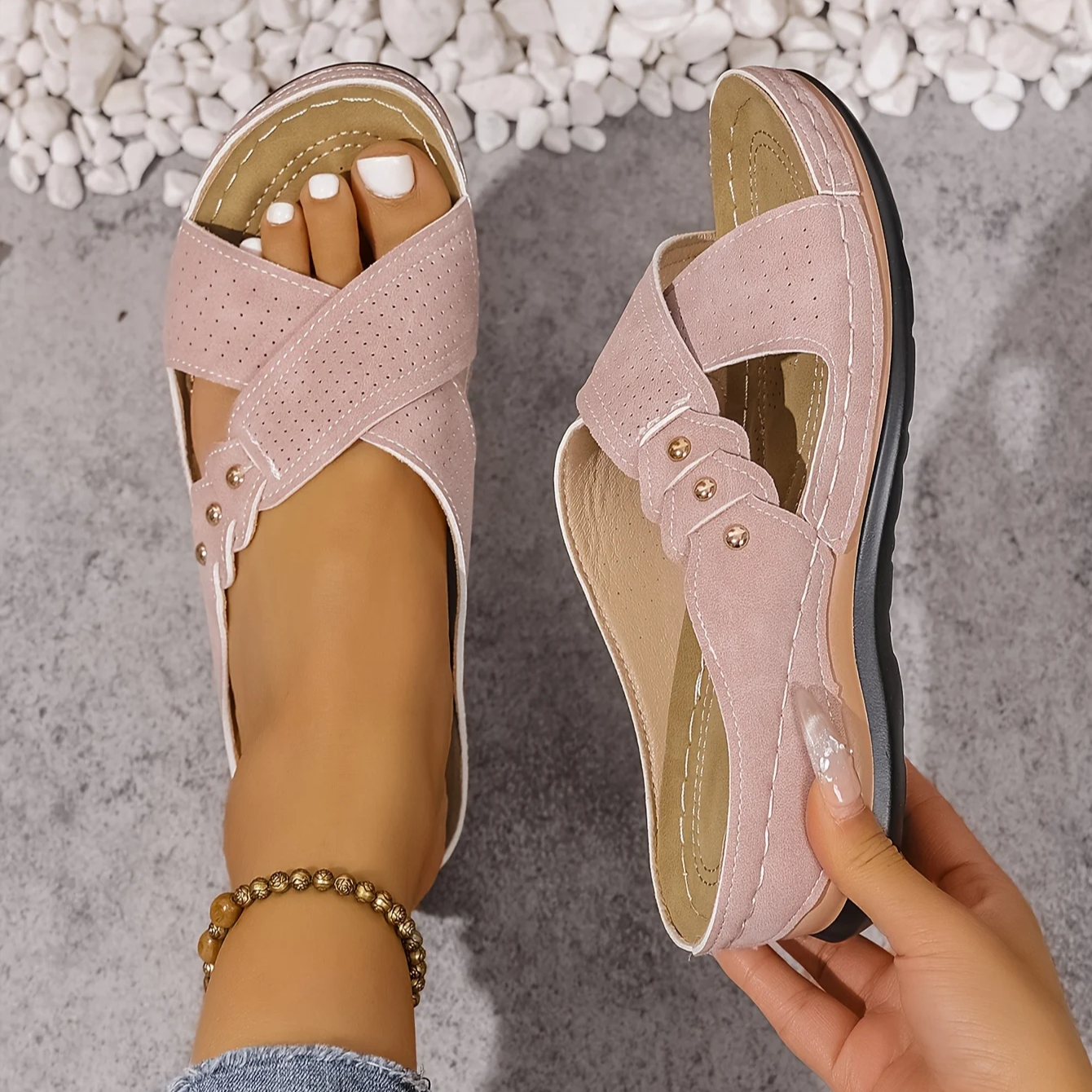 Women's Supportive Wedge Sandals with Cushioned Footbed in Blue, Pink, Brown & Black | Koossa