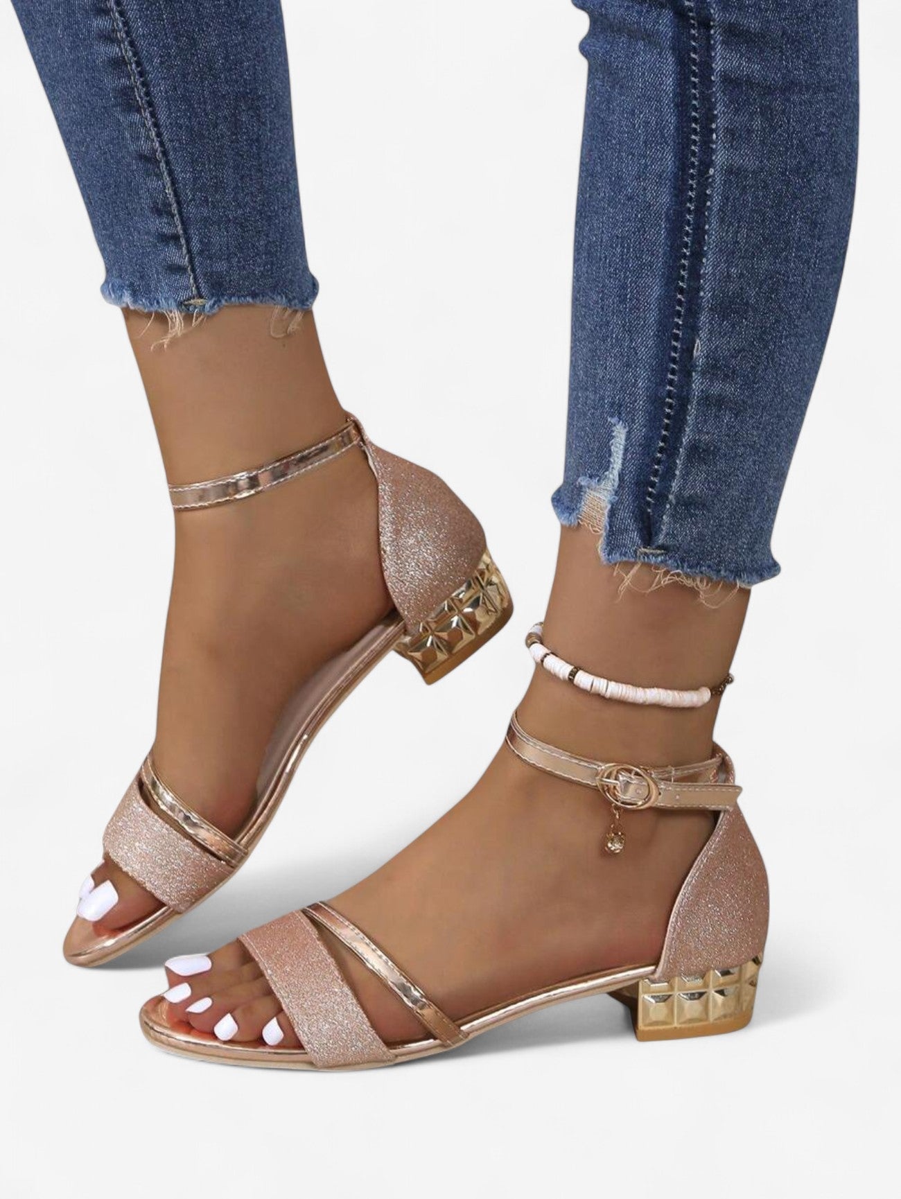 Women's Glittering Block Heel Sandals in Pink, Silver, Black & Gold – Elegant Strappy Evening Sandals with Low Heel for Parties, Weddings & Special Occasions | Koossa
