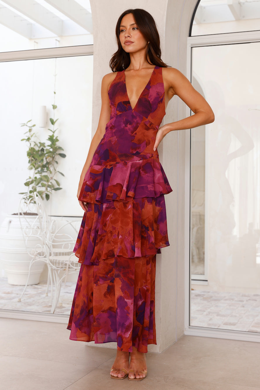 Tiered Maxi Dress with Open Back and Flowing Skirt in Green, Purple, Pink, Red, Yellow | Koossa