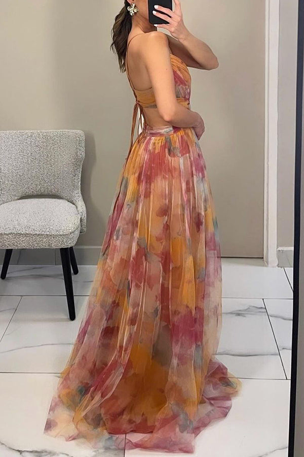Women's Printed Spaghetti Strap Maxi Dress in Orange or Green for Elegant Summer Occasions | Koossa