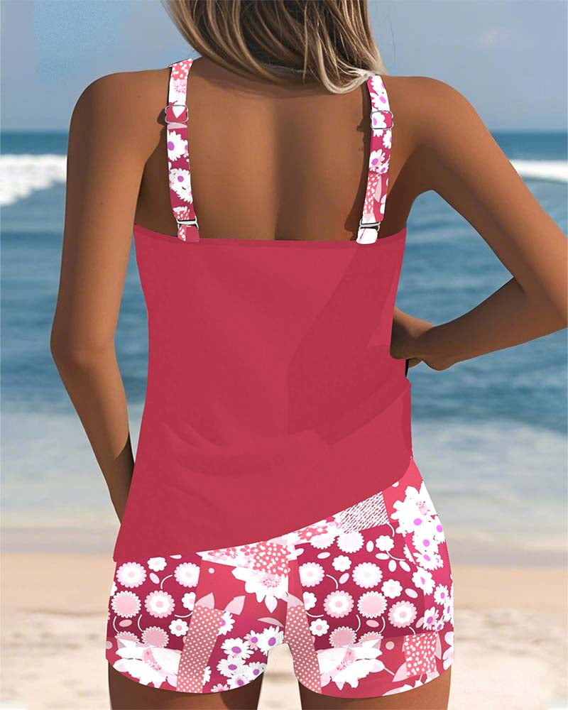Women's Printed Tankini Set with Shorts in Purple, Black, Pink & Blue – Flattering Sporty Swimwear for Summer Holidays, Beach Walks & Poolside Lounging | Koossa