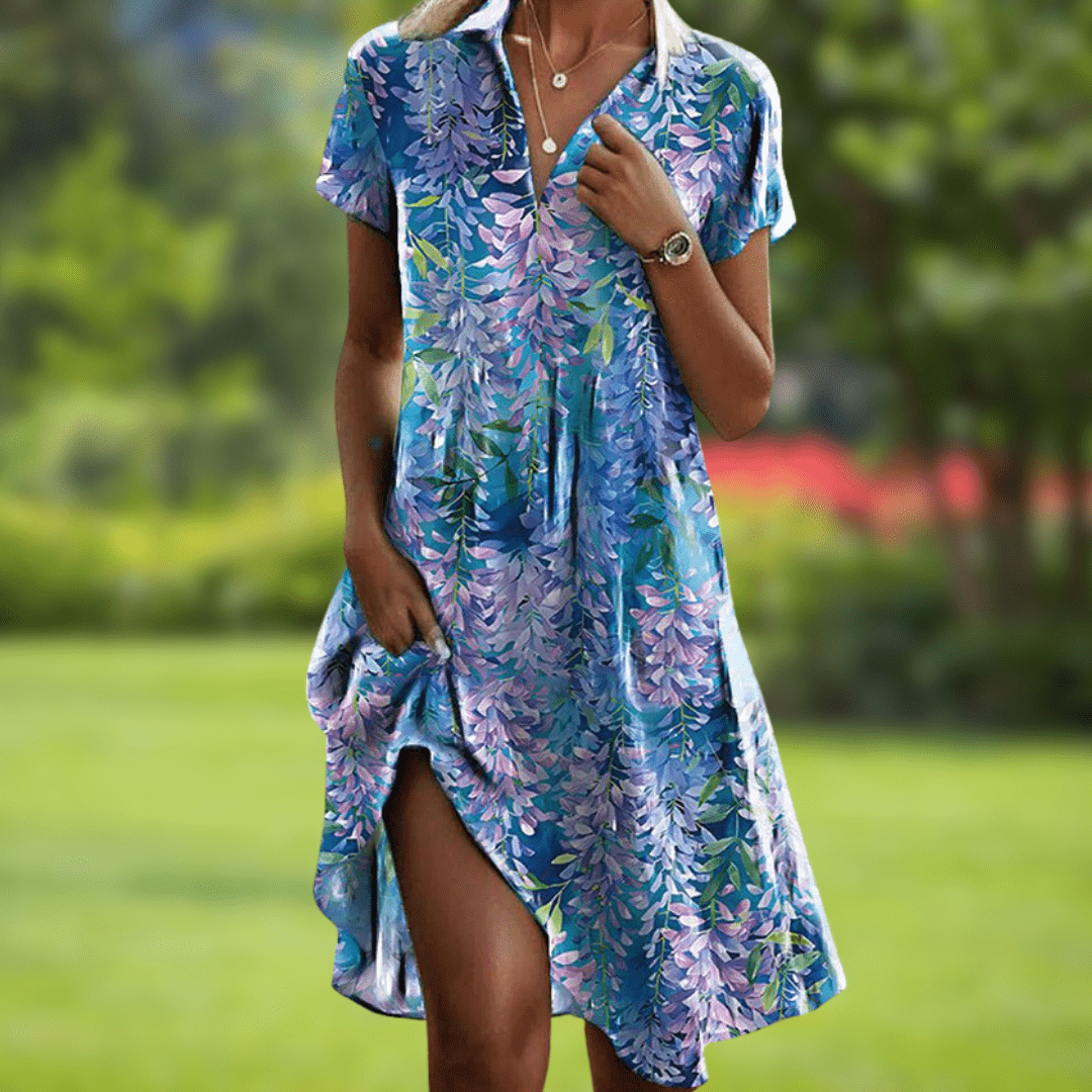 Women's Floral Print V-Neck Dress with Pockets in Red Black Green White Light Blue for Spring Summer Garden Parties Casual Day Occasions Elegant Feminine Style | Koossa