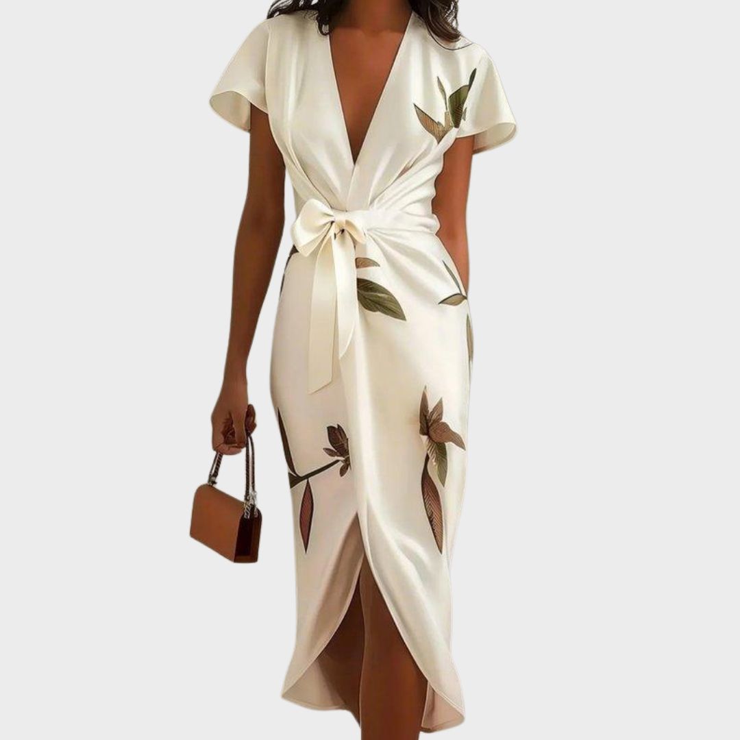 Women's Floral Wrap Midi Dress in Soft Drape Fabric with Leaf Print for Garden Parties Summer Weddings Afternoon Tea | Koossa